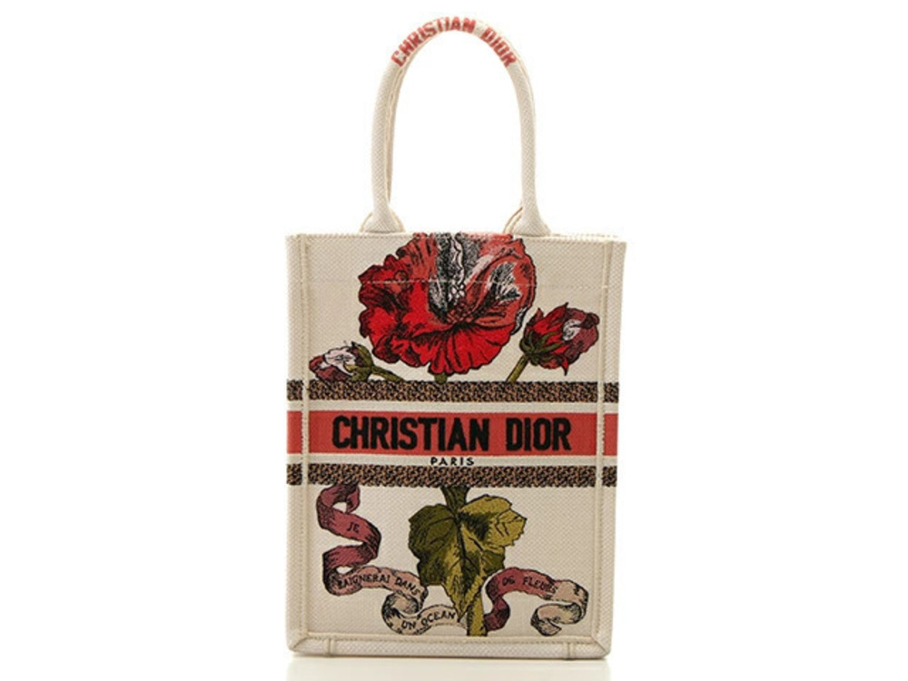 Christian Dior Book Tote Vertical Bag Red Beige Cream Canvas SJ